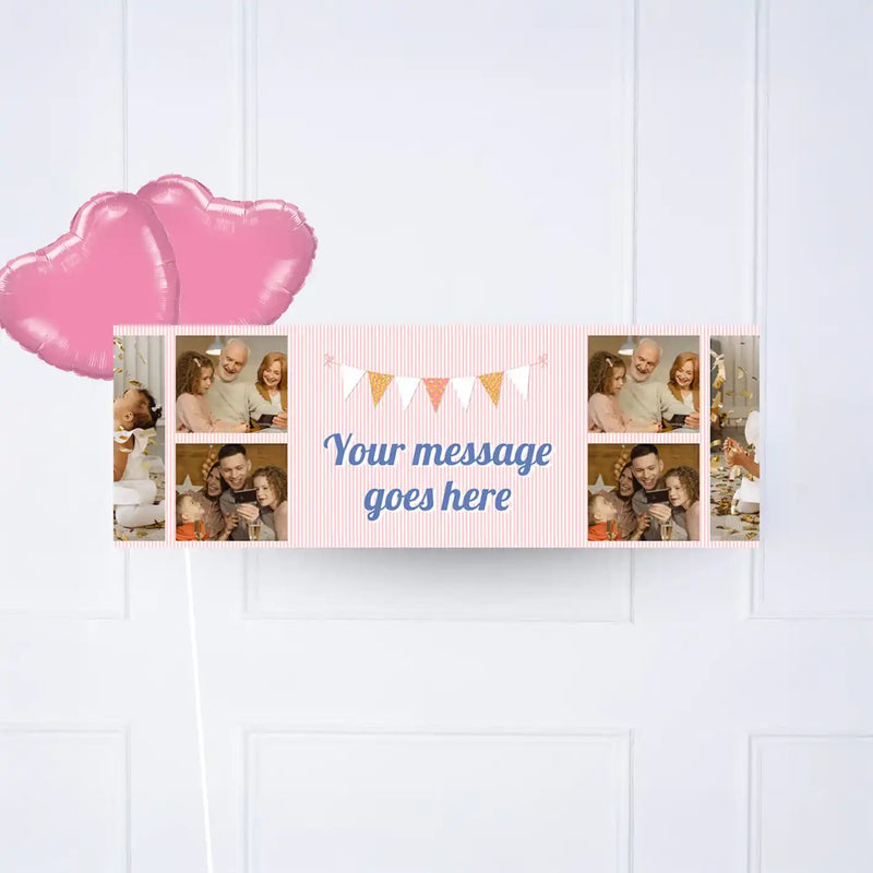 Pink Stripe Bunting Personalised Party Banner 2 Balloons Personalised Banner