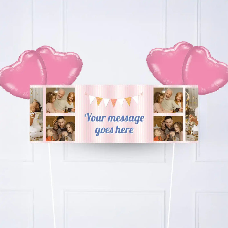 Pink Stripe Bunting Personalised Party Banner 4 Balloons Personalised Banner