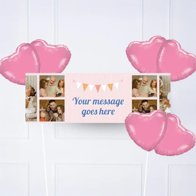 Pink Stripe Bunting Personalised Party Banner 6 Balloons Personalised Banner