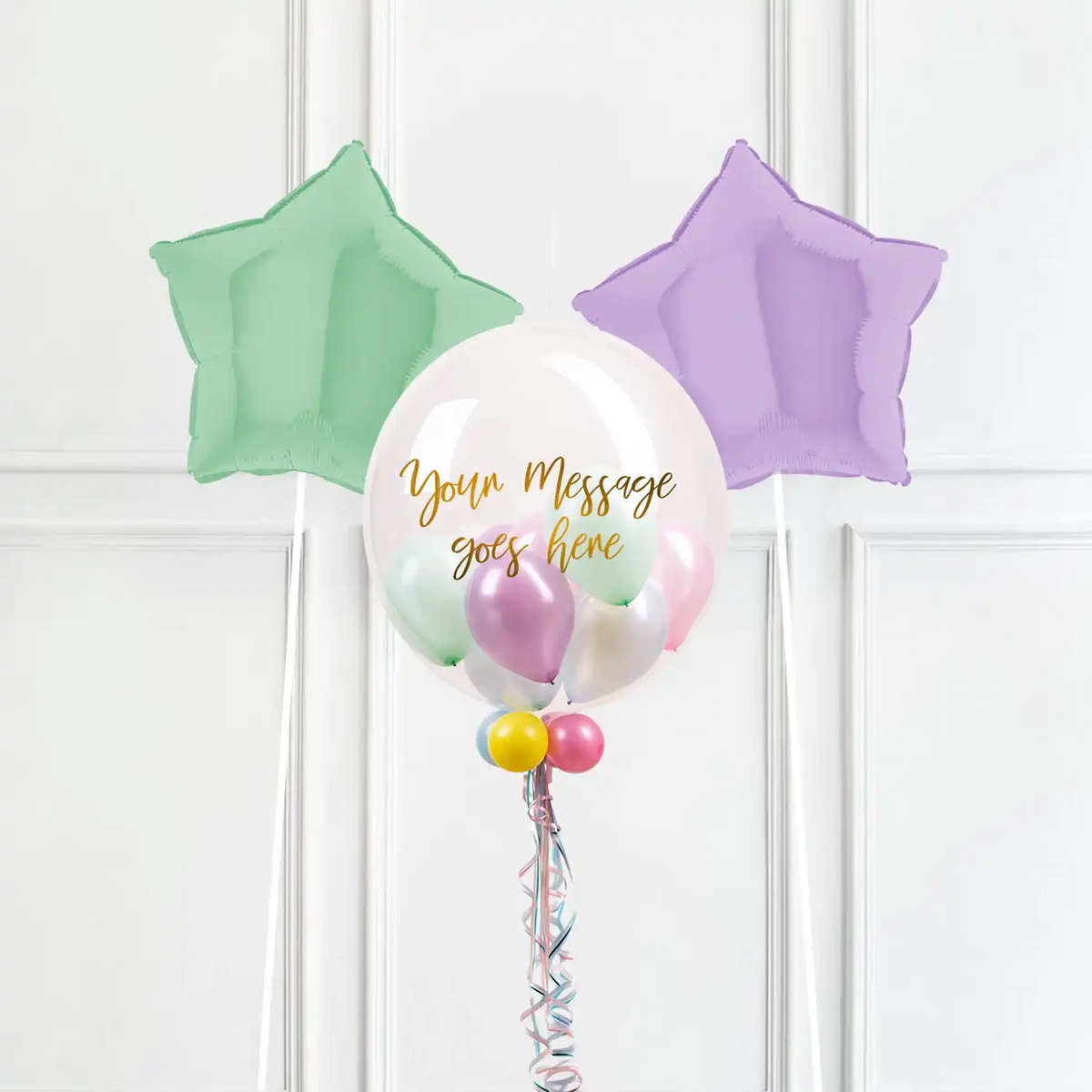Personalised Bubble Balloon in a Box – Pretty Pastels 2 Extra Balloons Personalised Balloons