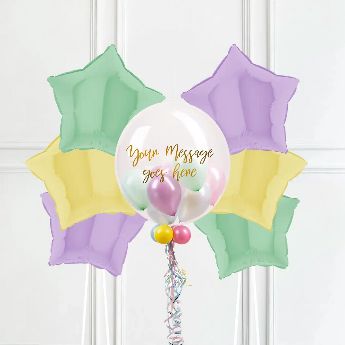 Personalised Bubble Balloon in a Box – Pretty Pastels 6 Extra Balloons Personalised Balloons