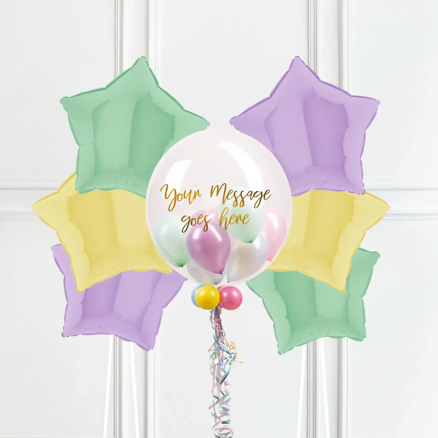 Personalised Bubble Balloon in a Box – Pretty Pastels 6 Extra Balloons Personalised Balloons