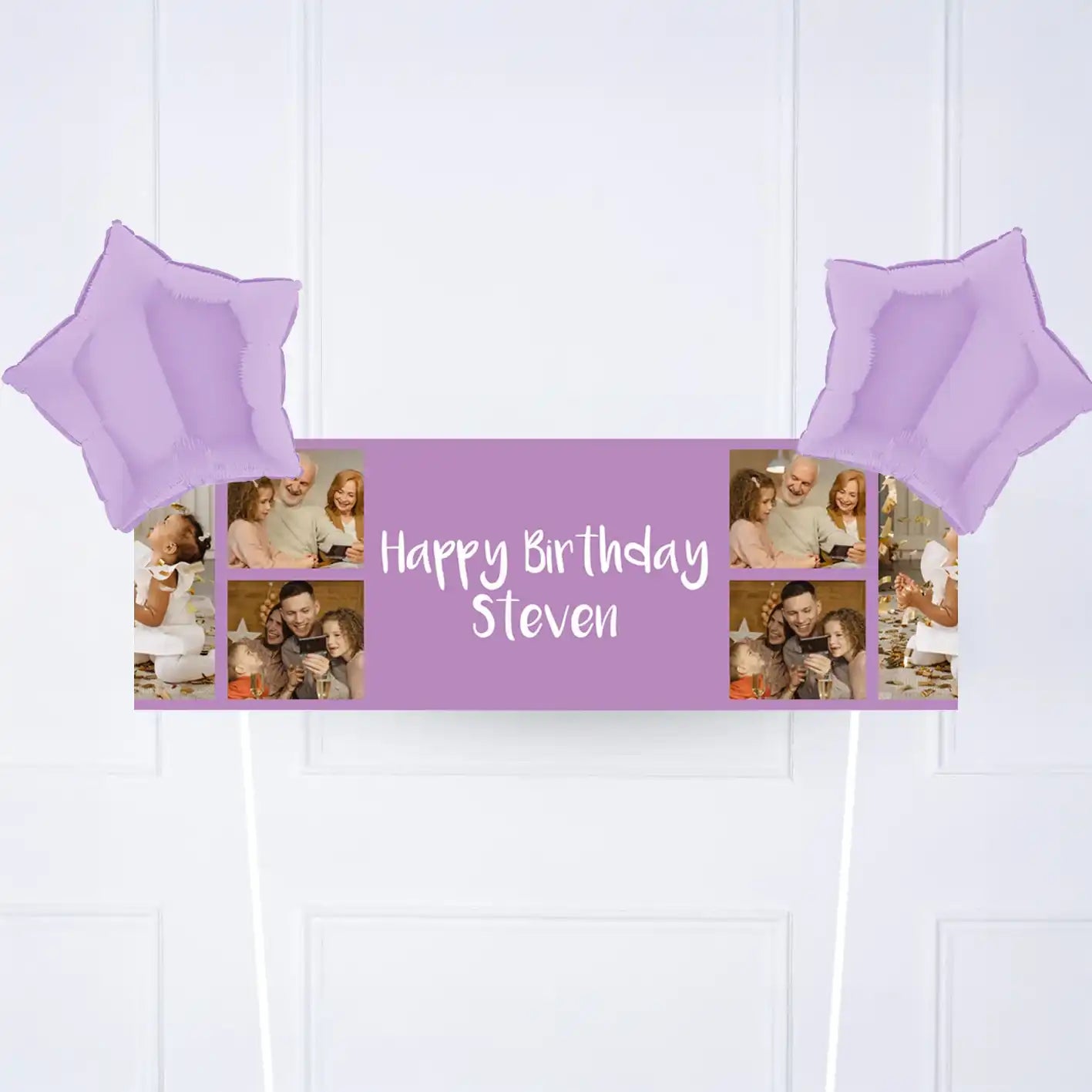 Coloured Collage Personalised Party Banner Purple 2 Balloons Personalised Banner