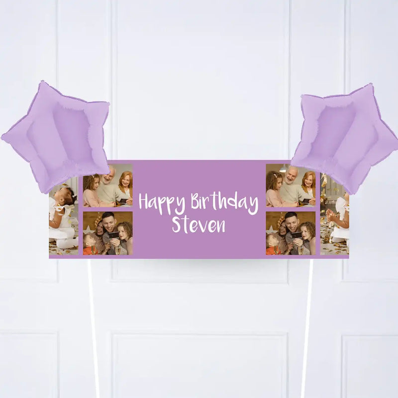 Coloured Collage Personalised Party Banner Purple 2 Balloons Personalised Banner