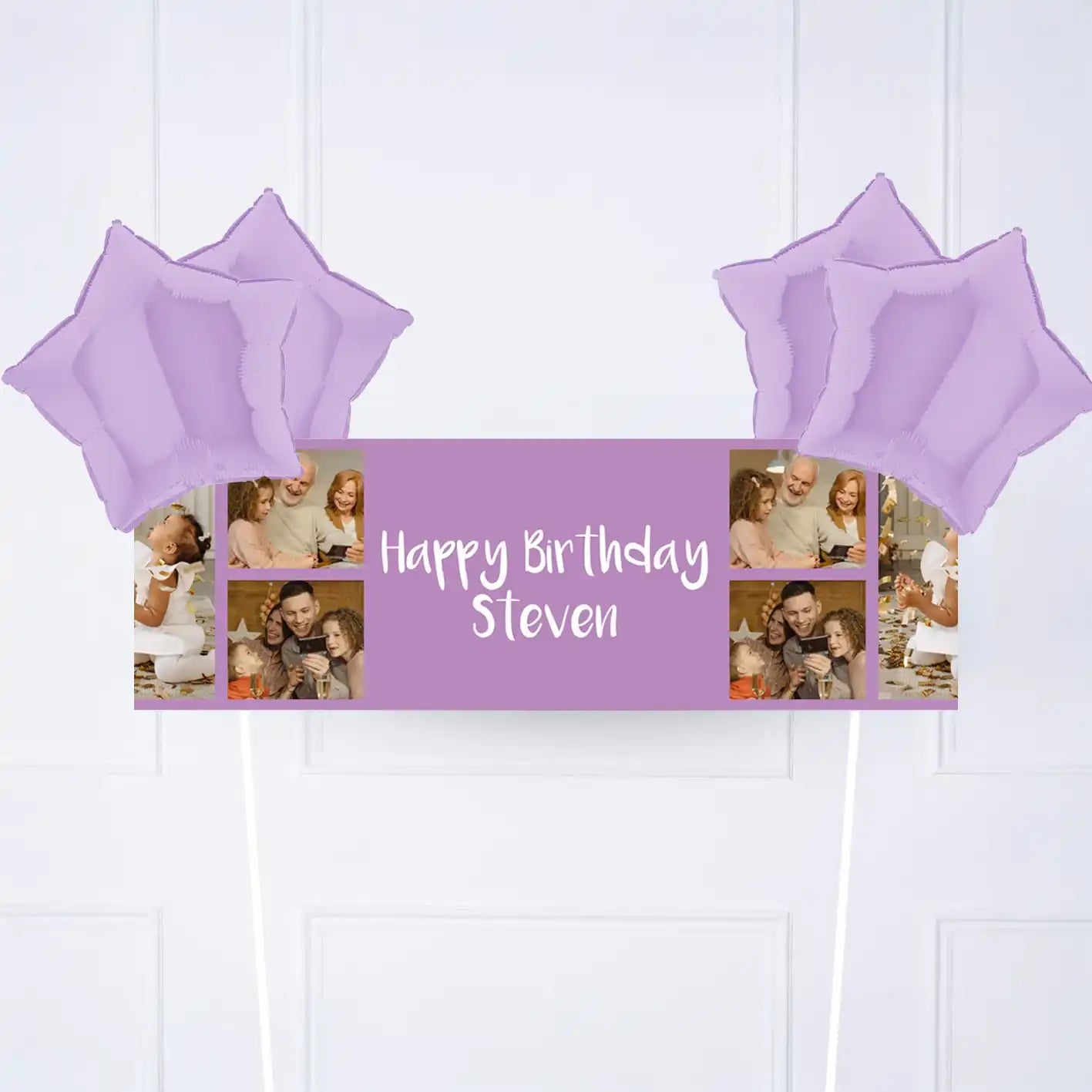 Coloured Collage Personalised Party Banner Purple 4 Balloons Personalised Banner