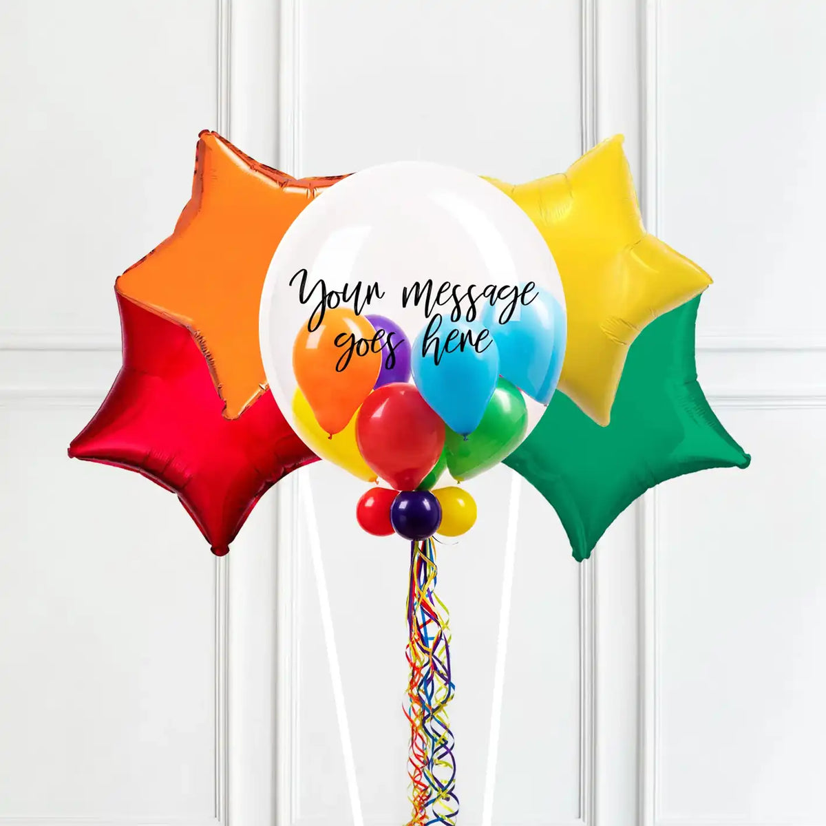 Personalised Bubble Balloon in a Box – Rainbow 4 Extra Balloons Personalised Balloons