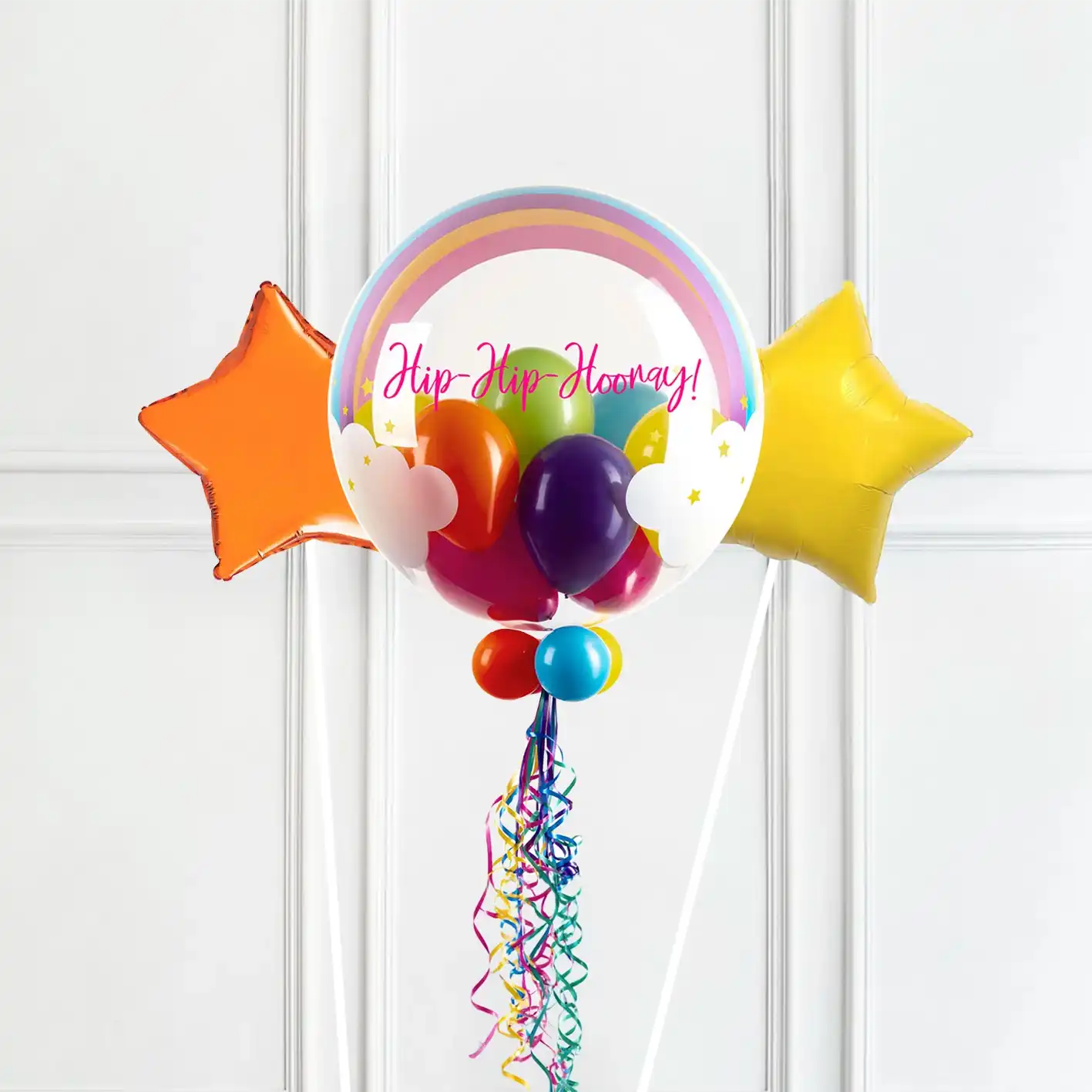 Personalised Bubble Balloon in a Box - Rainbow Clouds 2 Extra Balloons Personalised Balloons