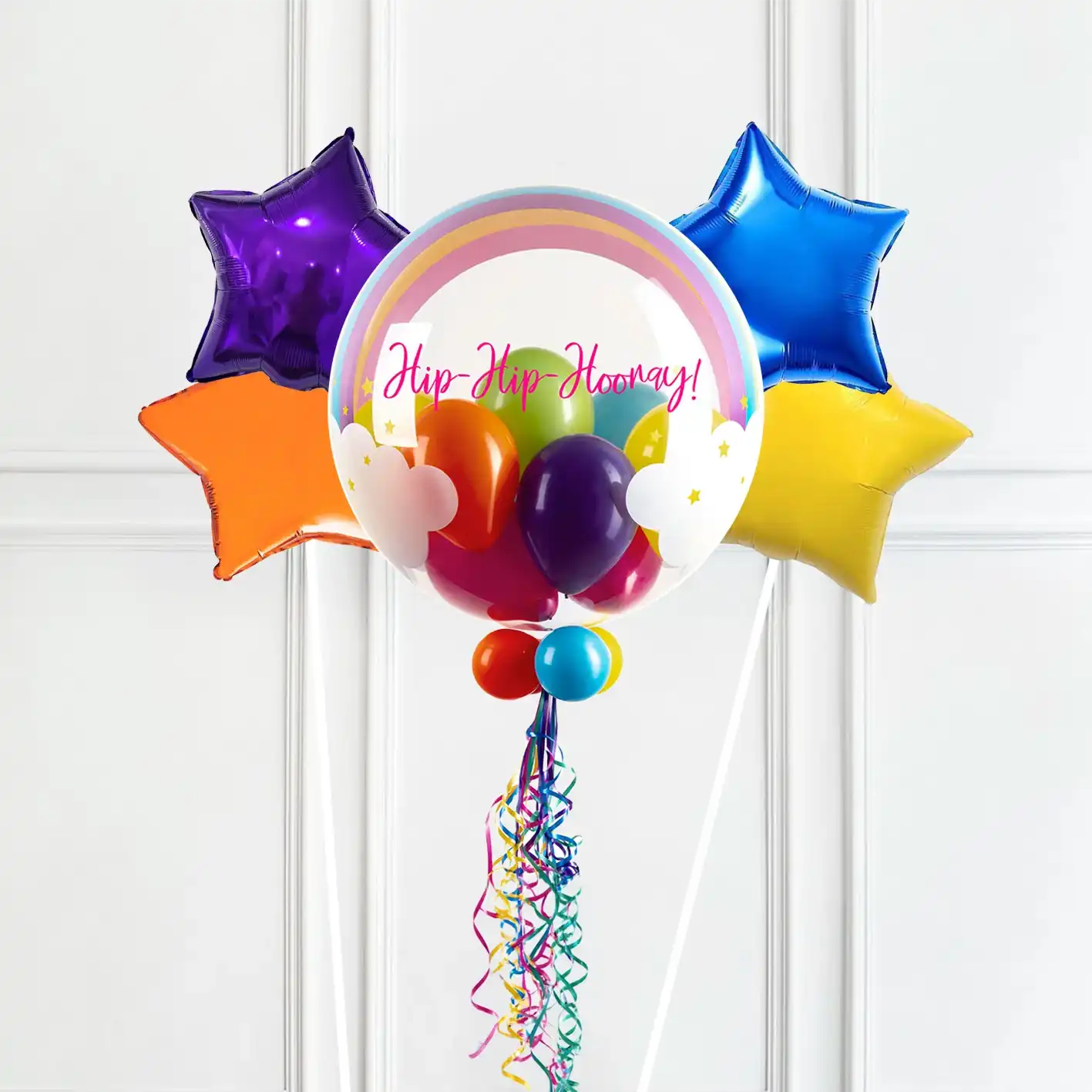 Personalised Bubble Balloon in a Box - Rainbow Clouds 4 Extra Balloons Personalised Balloons