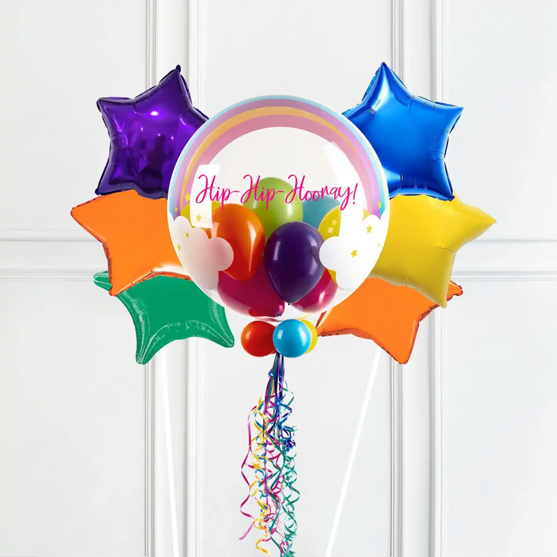 Personalised Bubble Balloon in a Box - Rainbow Clouds 6 Extra Balloons Personalised Balloons