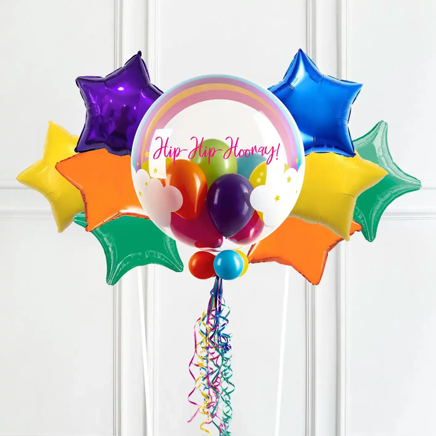 Personalised Bubble Balloon in a Box - Rainbow Clouds 8 Extra Balloons Personalised Balloons