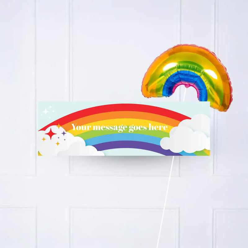 Rainbow Personalised Party Banner Message Yes add balloon Personalised Banner