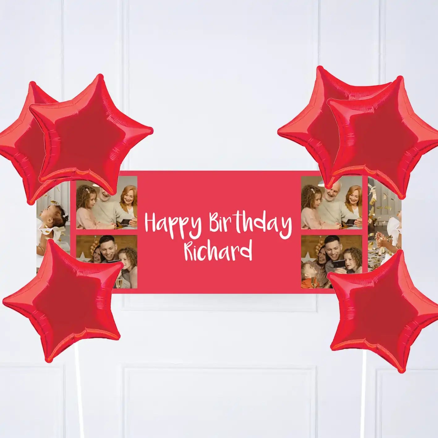 Coloured Collage Personalised Party Banner Red 6 Balloons Personalised Banner