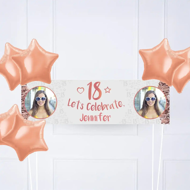 Rose Gold 18th Personalised Party Banner Yes 6 Balloons Personalised Banner