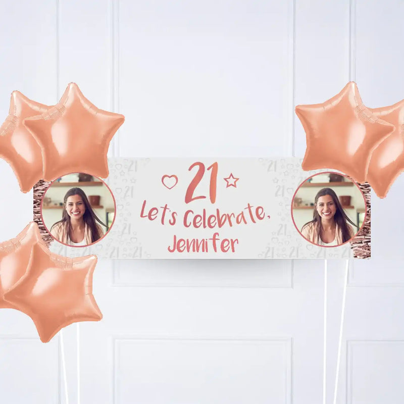 Rose Gold 21st Personalised Party Banner Yes 6 Balloons Personalised Banner