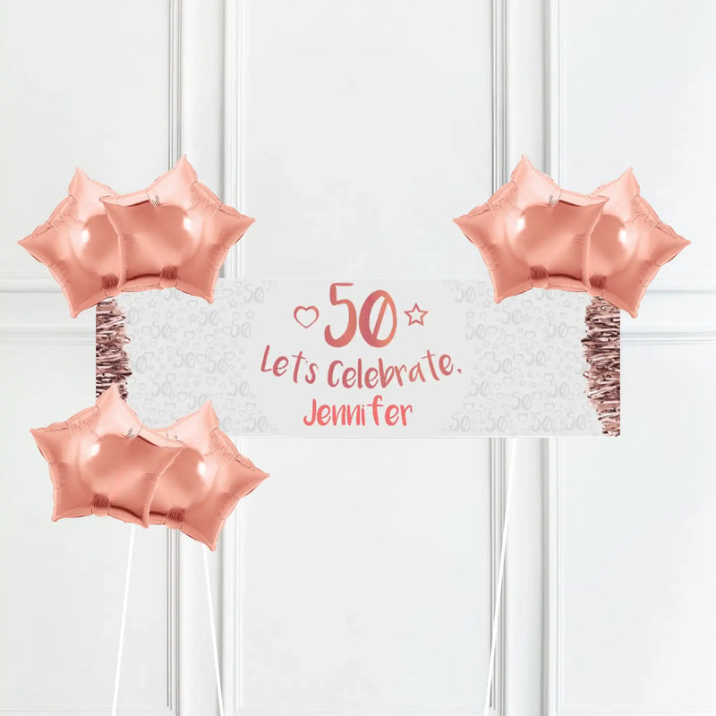 Rose Gold 50th Personalised Party Banner No 6 Balloons Personalised Banner
