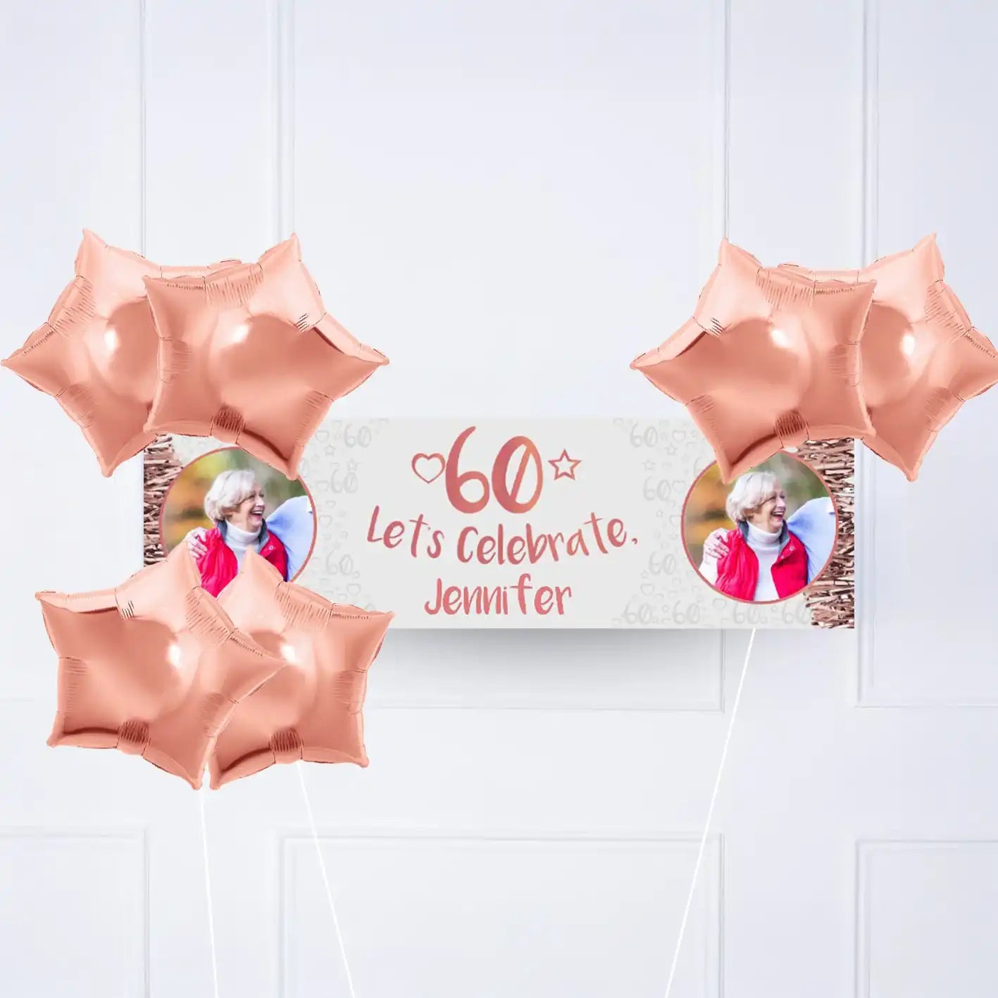 Rose Gold 60th Personalised Party Banner Yes 6 Balloons Personalised Banner
