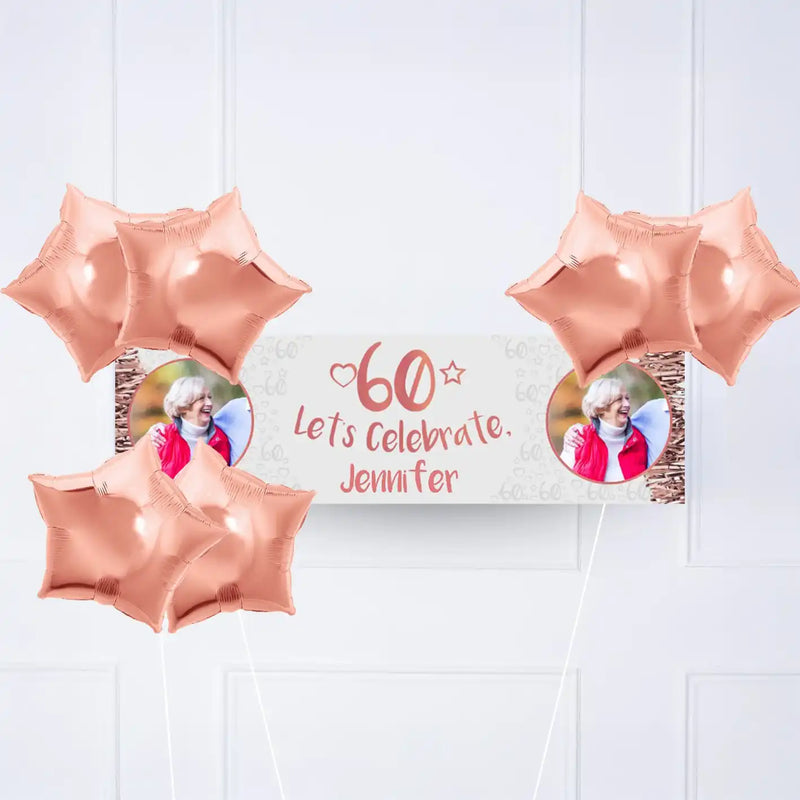 Rose Gold 60th Personalised Party Banner Yes 6 Balloons Personalised Banner