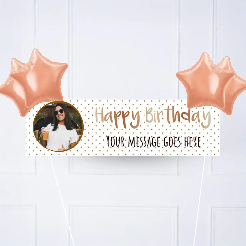 Rose Gold Dots Birthday Personalised Party Banner Yes 4 Balloons Personalised Banner