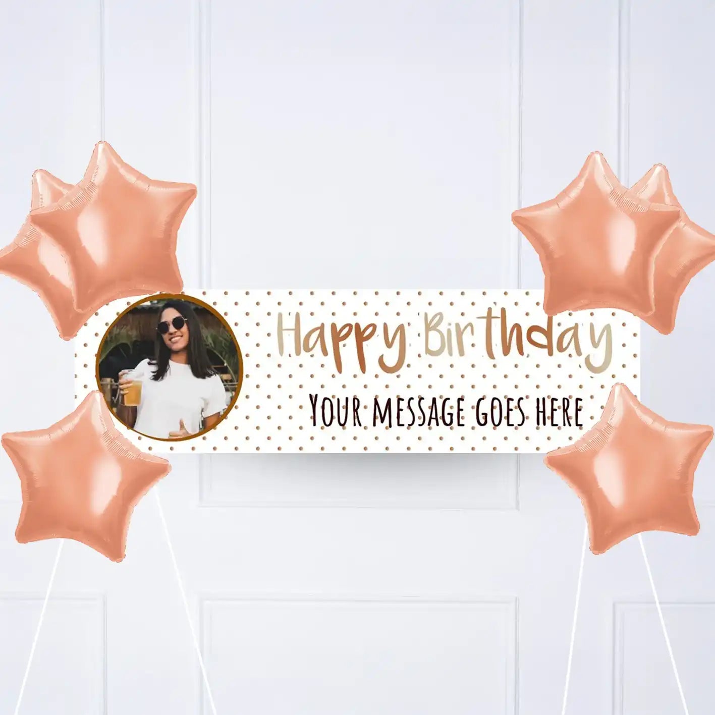 Rose Gold Dots Birthday Personalised Party Banner Yes 6 Balloons Personalised Banner