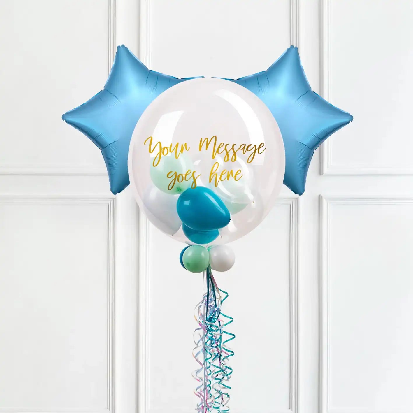 Personalised Bubble Balloon in a Box – Sea Foam 2 Extra Balloons Personalised Balloons