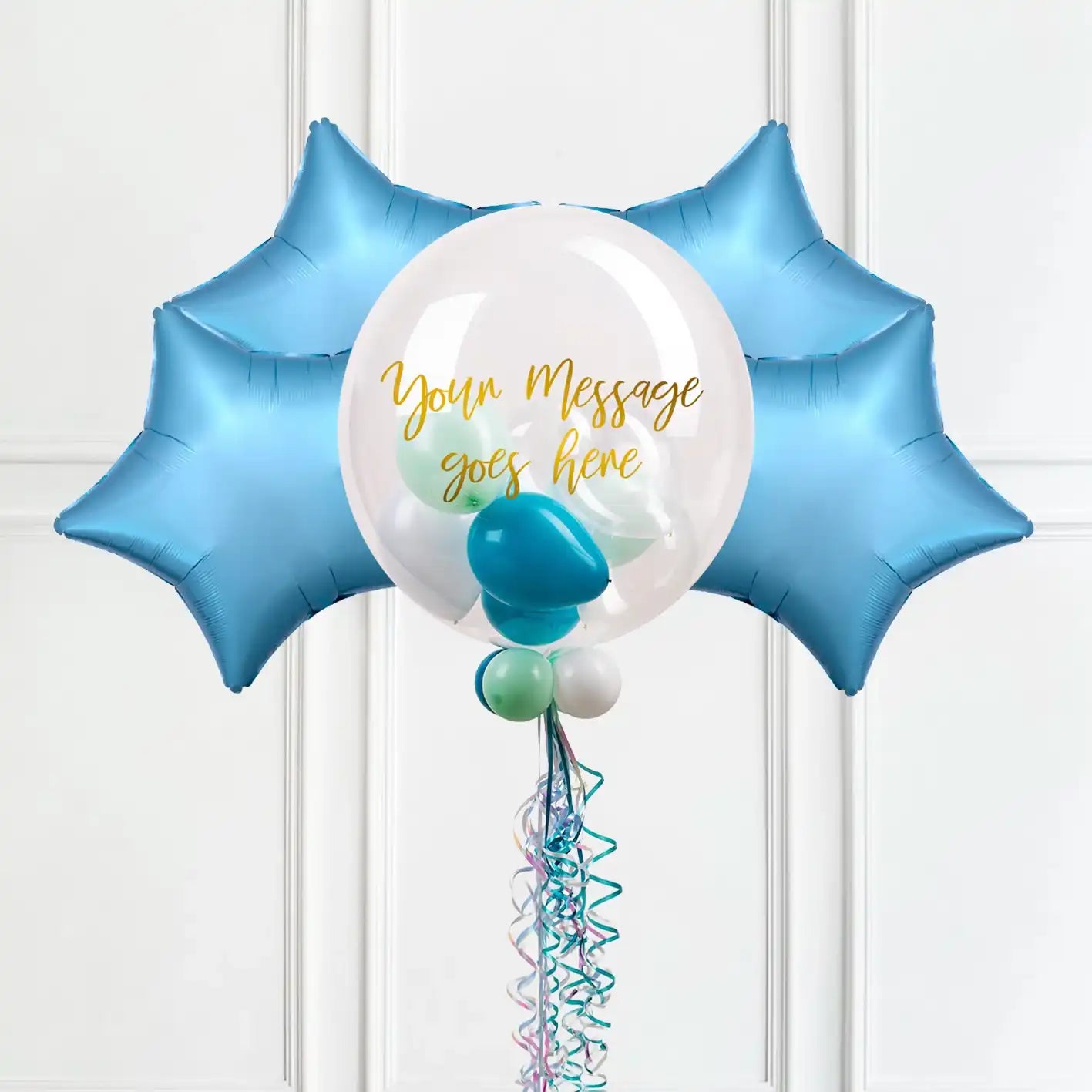 Personalised Bubble Balloon in a Box – Sea Foam 4 Extra Balloons Personalised Balloons