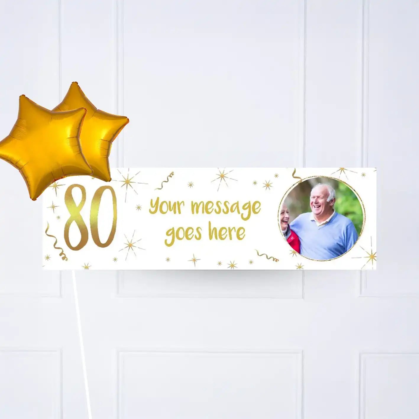 White & Gold 80th Personalised Party Banner Yes 2 Balloons Personalised Banner
