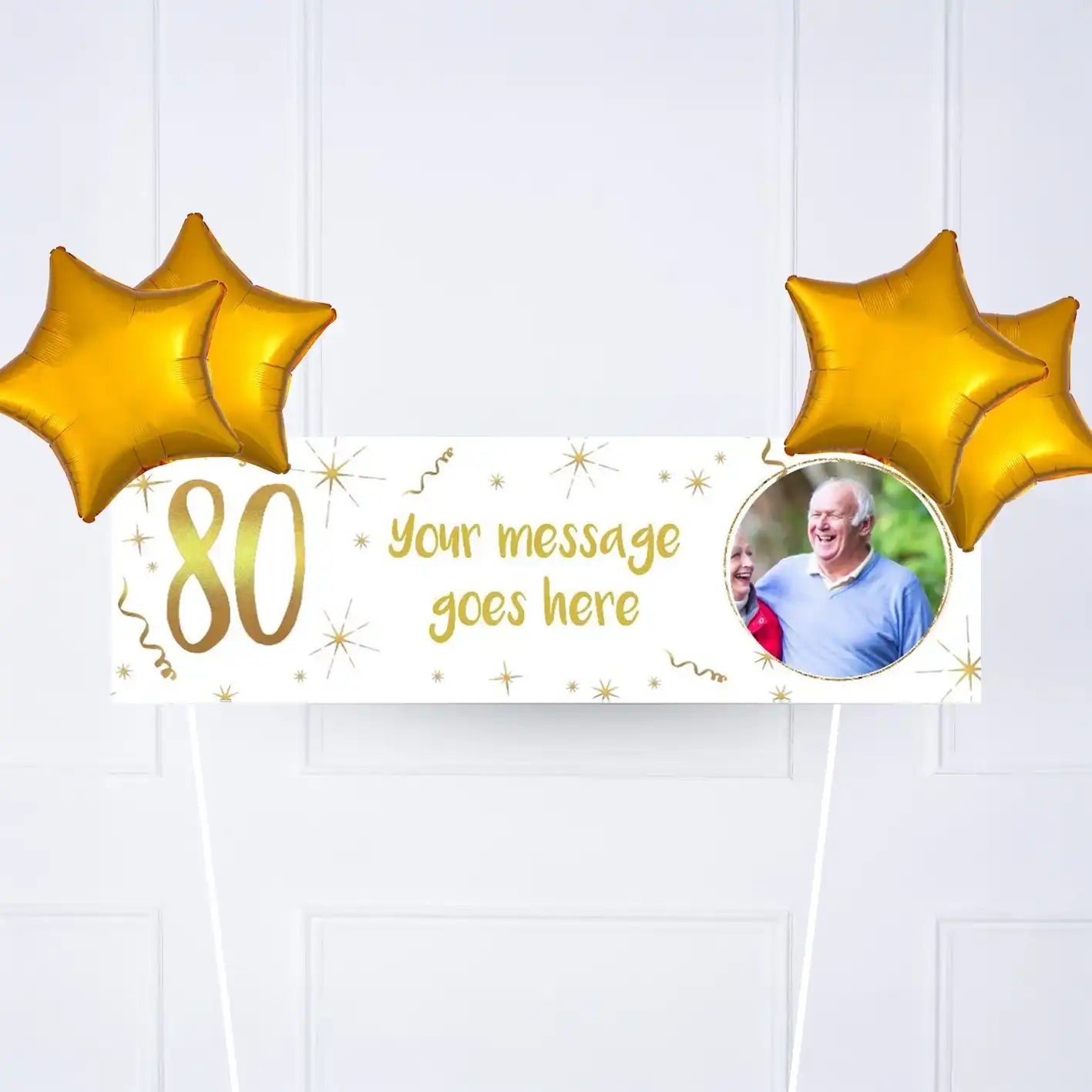 White & Gold 80th Personalised Party Banner Yes 4 Balloons Personalised Banner