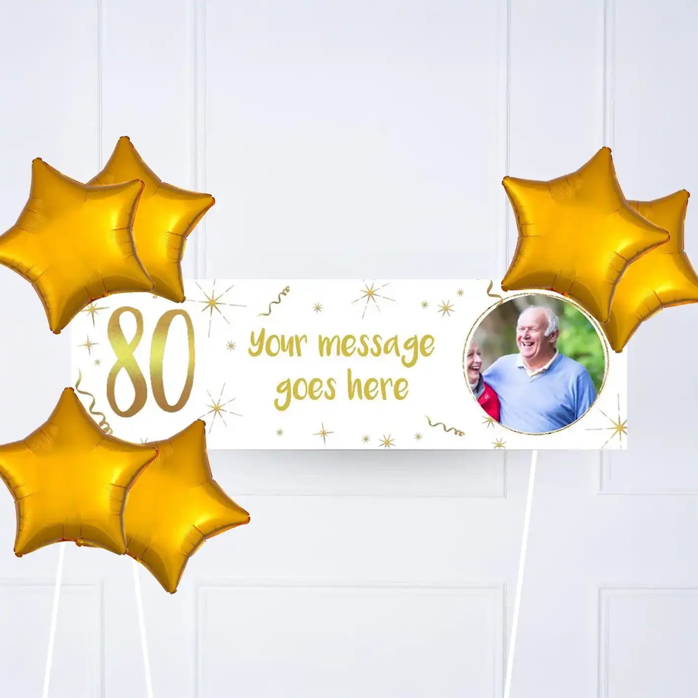 White & Gold 80th Personalised Party Banner Yes 6 Balloons Personalised Banner