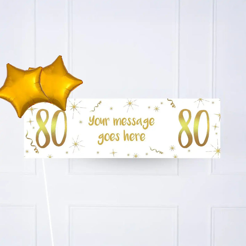 White & Gold 80th Personalised Party Banner No 2 Balloons Personalised Banner