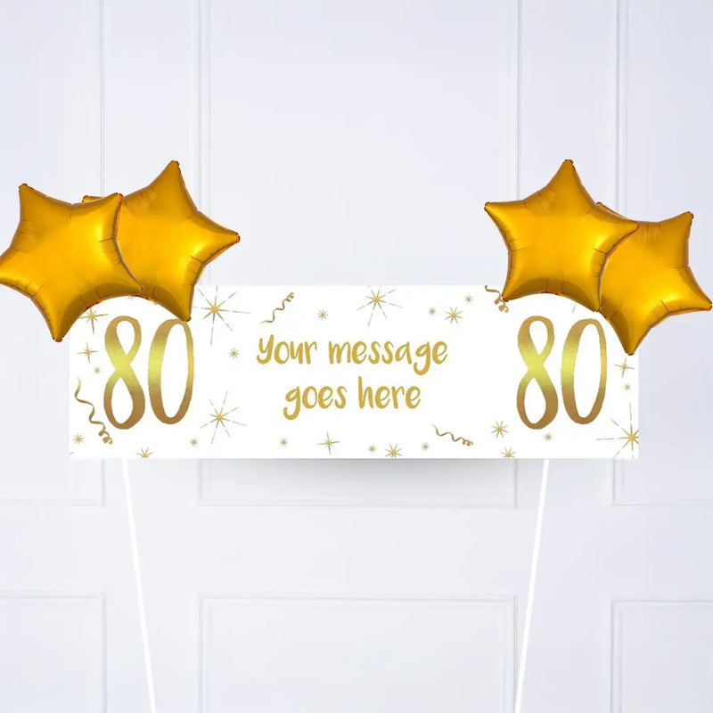 White & Gold 80th Personalised Party Banner No 4 Balloons Personalised Banner