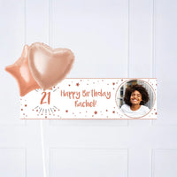 White & Rose Gold Any Age Personalised Party Banner Yes 2 Balloons Personalised Banner