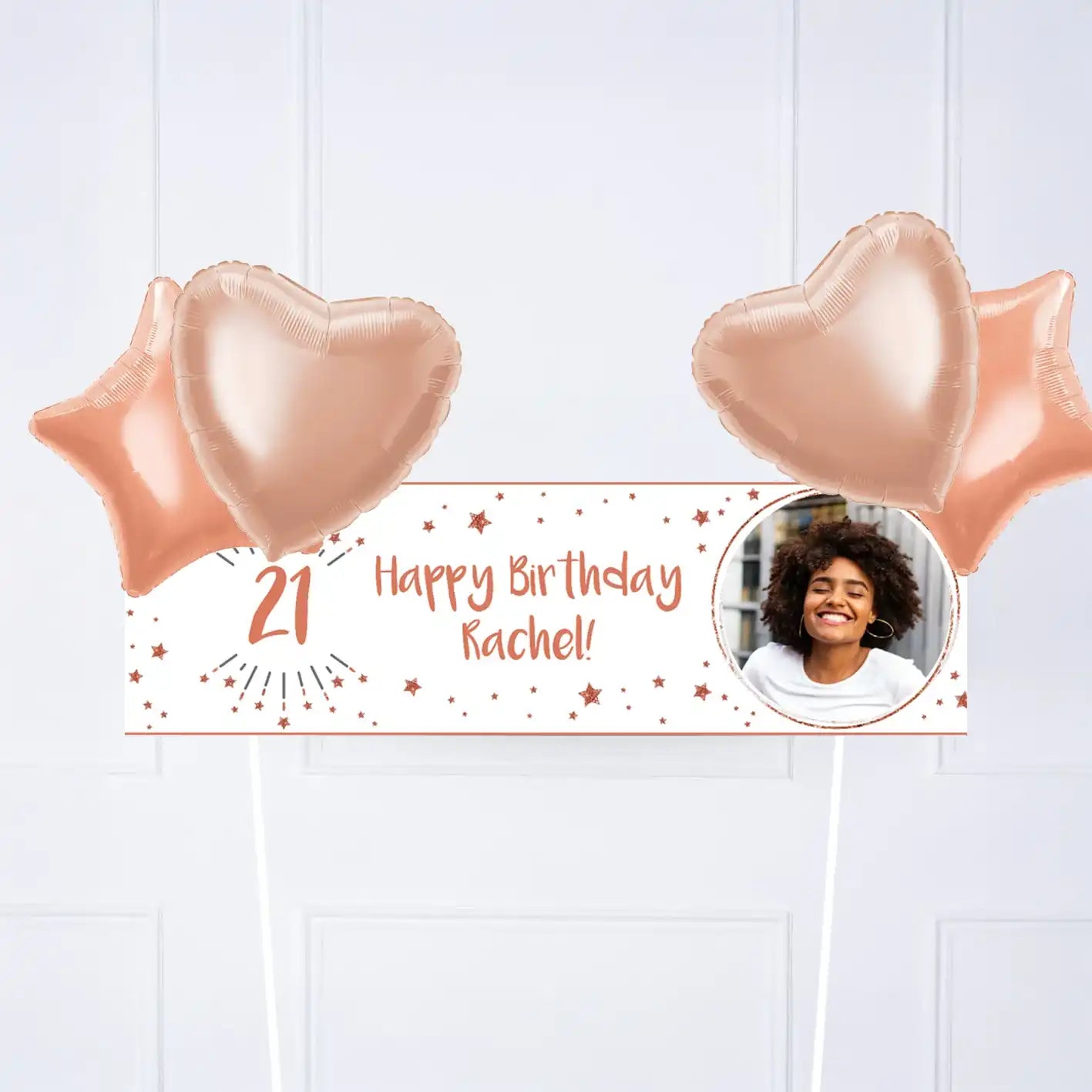 White & Rose Gold Any Age Personalised Party Banner Yes 4 Balloons Personalised Banner