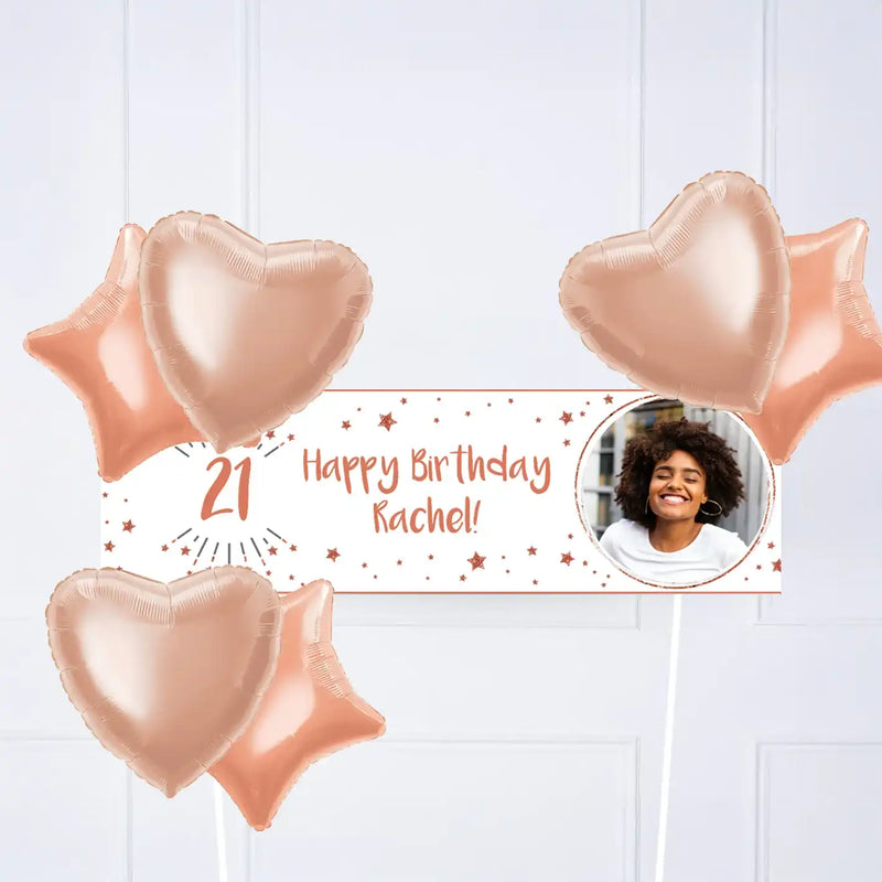 White & Rose Gold Any Age Personalised Party Banner Yes 6 Balloons Personalised Banner