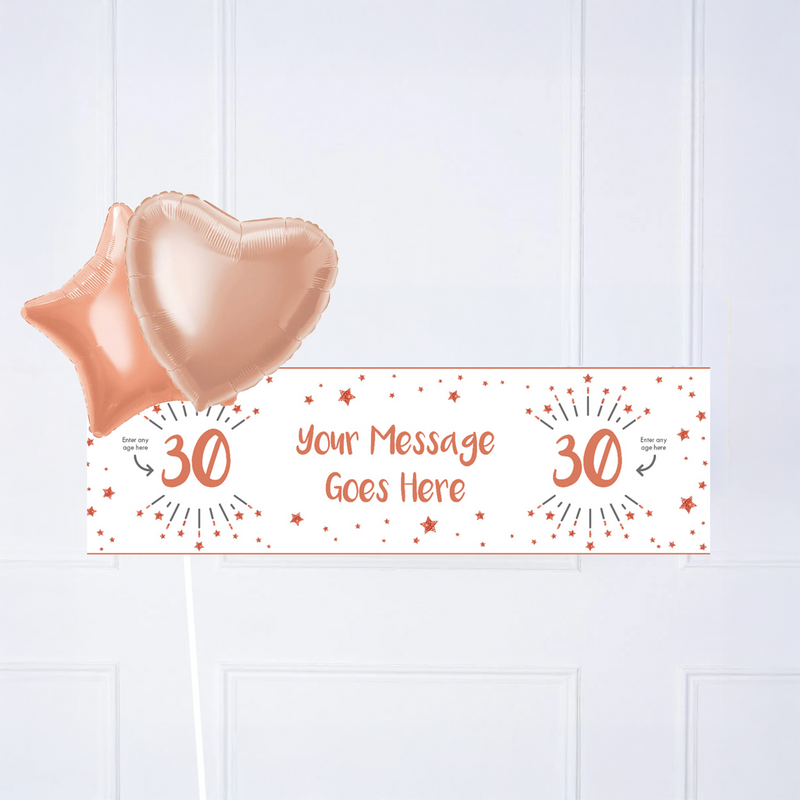 White & Rose Gold Any Age Personalised Party Banner