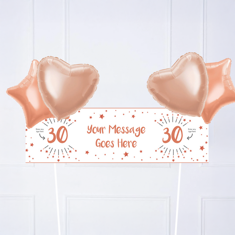 White & Rose Gold Any Age Personalised Party Banner