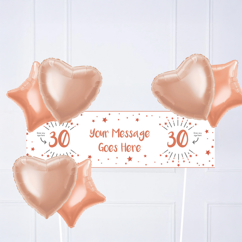 White & Rose Gold Any Age Personalised Party Banner