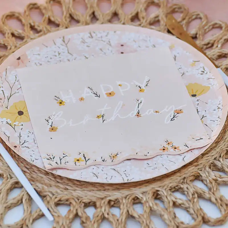 Pink Floral 'Happy Birthday' Napkins (x16) General Party