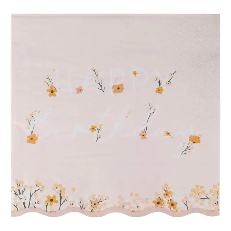 Pink Floral 'Happy Birthday' Napkins (x16) General Party