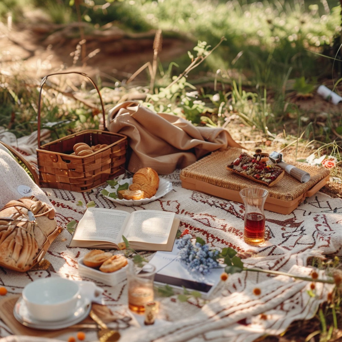 Picnic setup with food, drinks, and books on a blanket in a natural setting