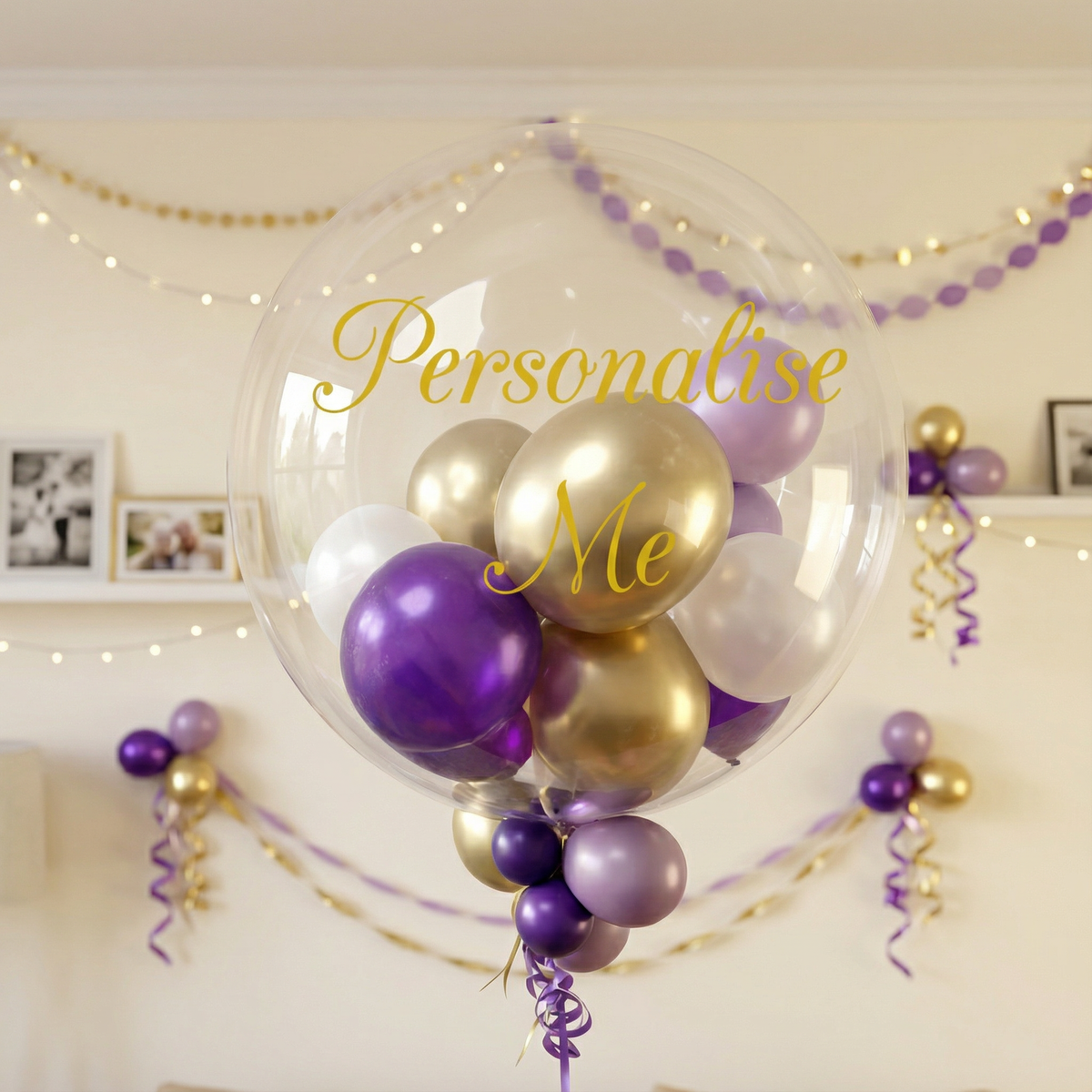 Personalised Bubble Balloon in a Box – Regal Purple & Gold Personalised Balloons