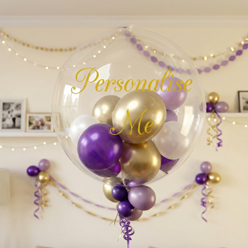 Personalised Bubble Balloon in a Box – Regal Purple & Gold Personalised Balloons
