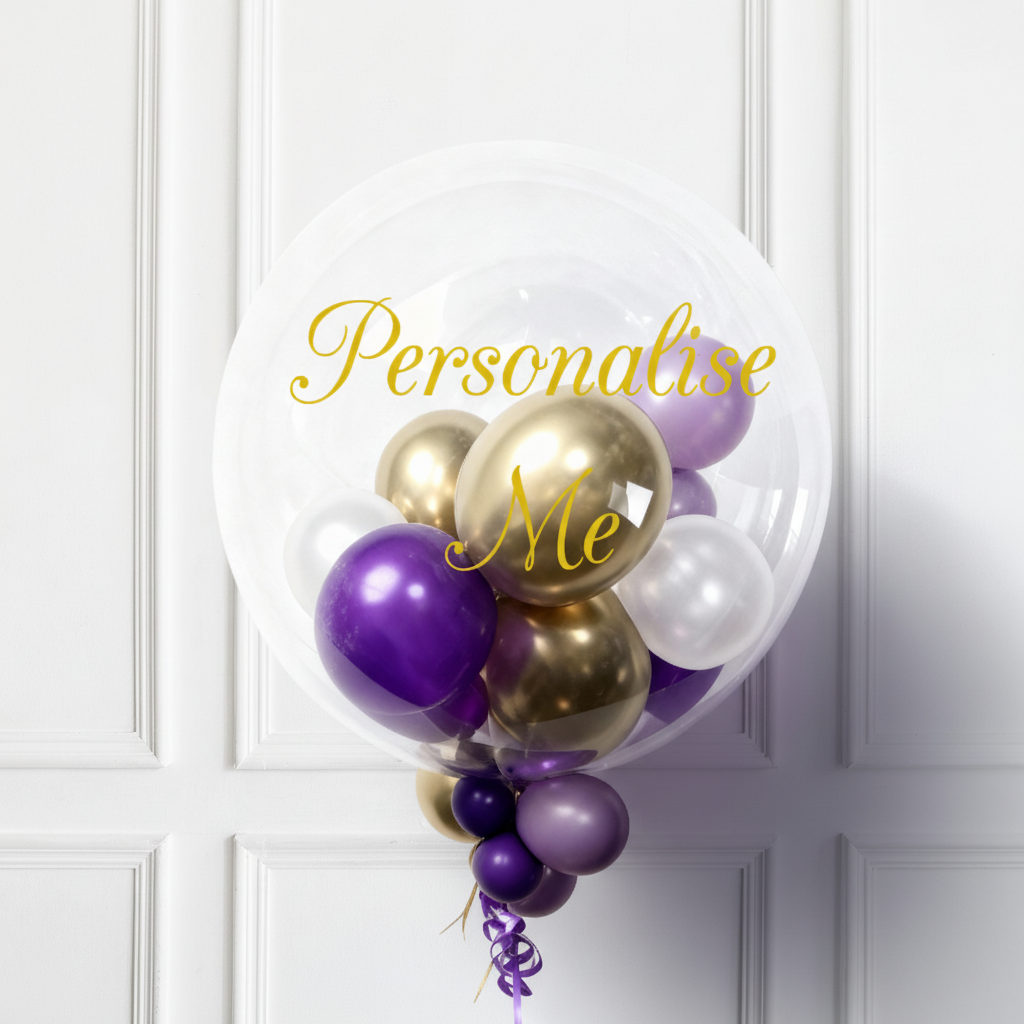 Personalised Bubble Balloon in a Box – Regal Purple & Gold Personalised Balloons