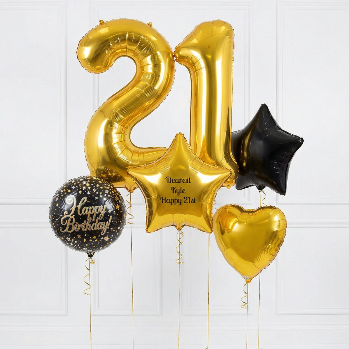 Gold and black balloons with personalized text on a white background