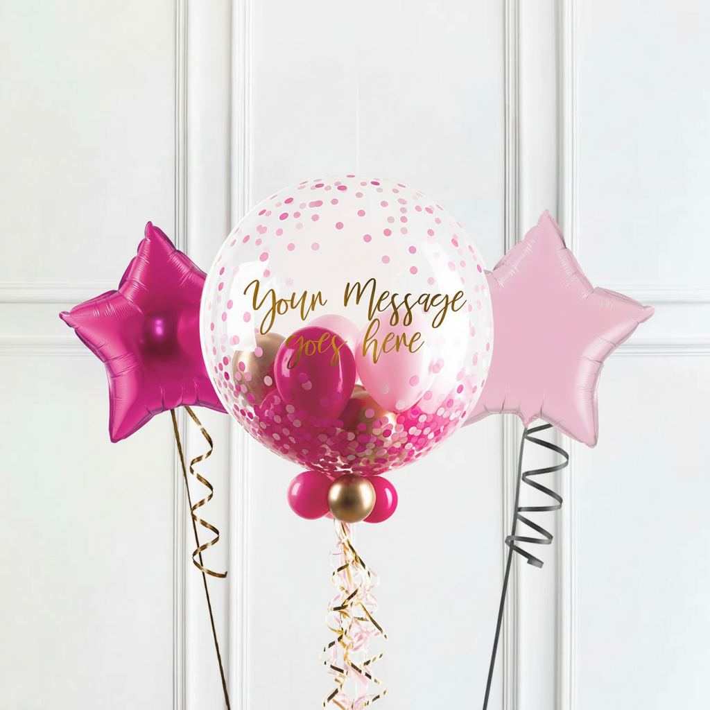 Personalised Bubble Balloon in a Box - Pink Gold Luxe 2 Extra Balloons Personalised Balloons