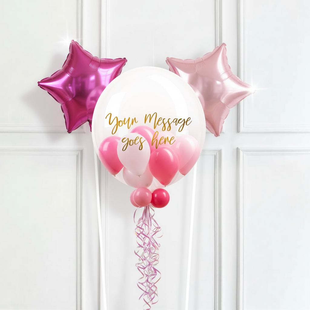 Personalised Bubble Balloon in a Box – Cotton Candy Mini Balloons 2 Extra Balloons Personalised Balloons