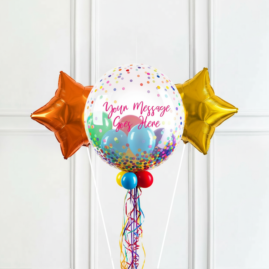 Personalised Bubble Balloon in a Box - Colourful Dots 2 Extra Balloons Personalised Balloons