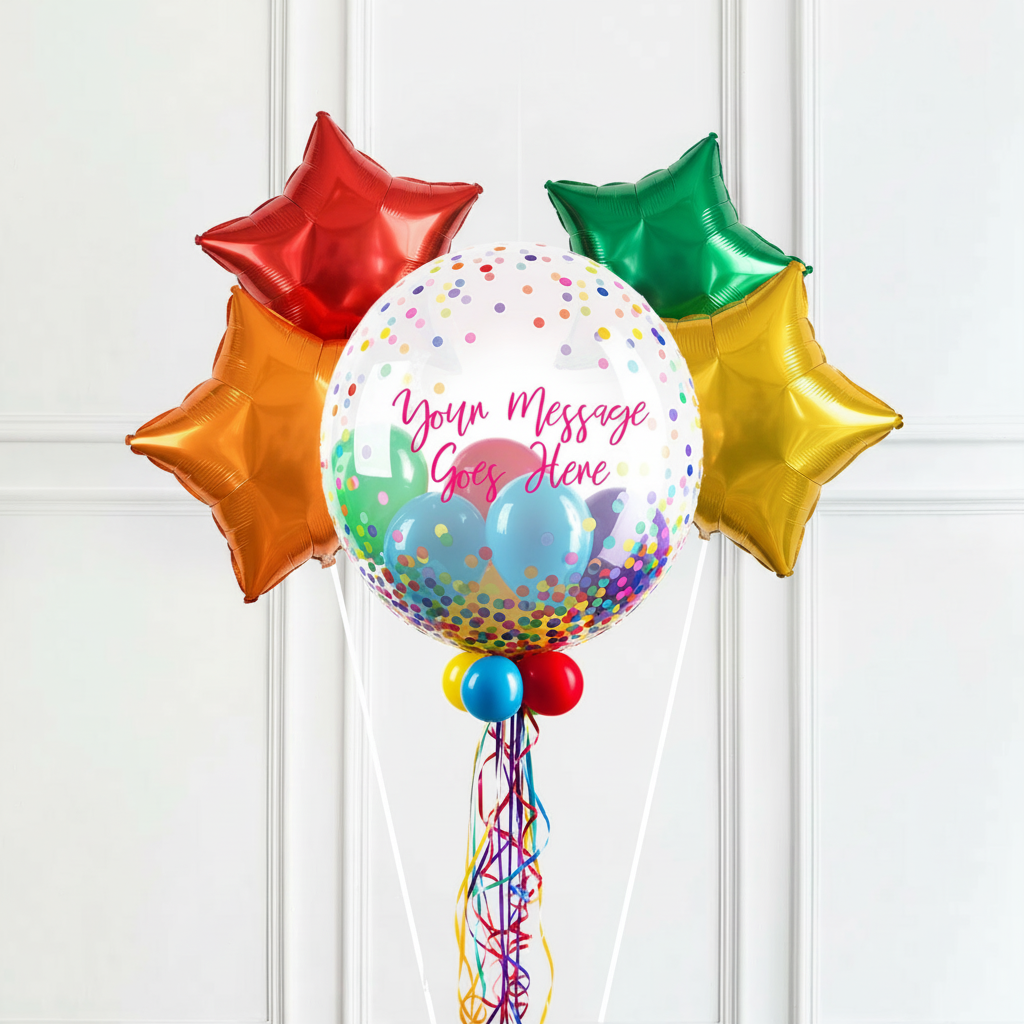 Personalised Bubble Balloon in a Box - Colourful Dots 4 Extra Balloons Personalised Balloons
