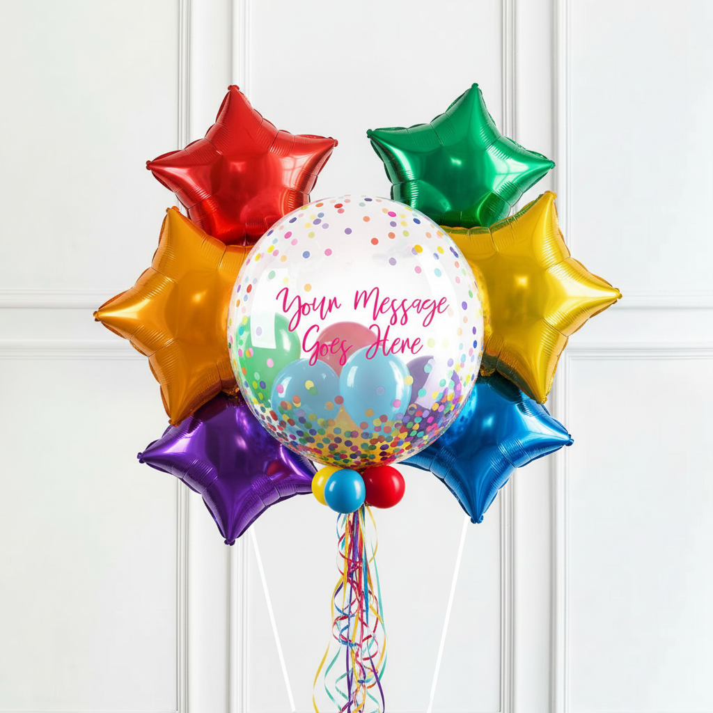 Personalised Bubble Balloon in a Box - Colourful Dots 6 Extra Balloons Personalised Balloons