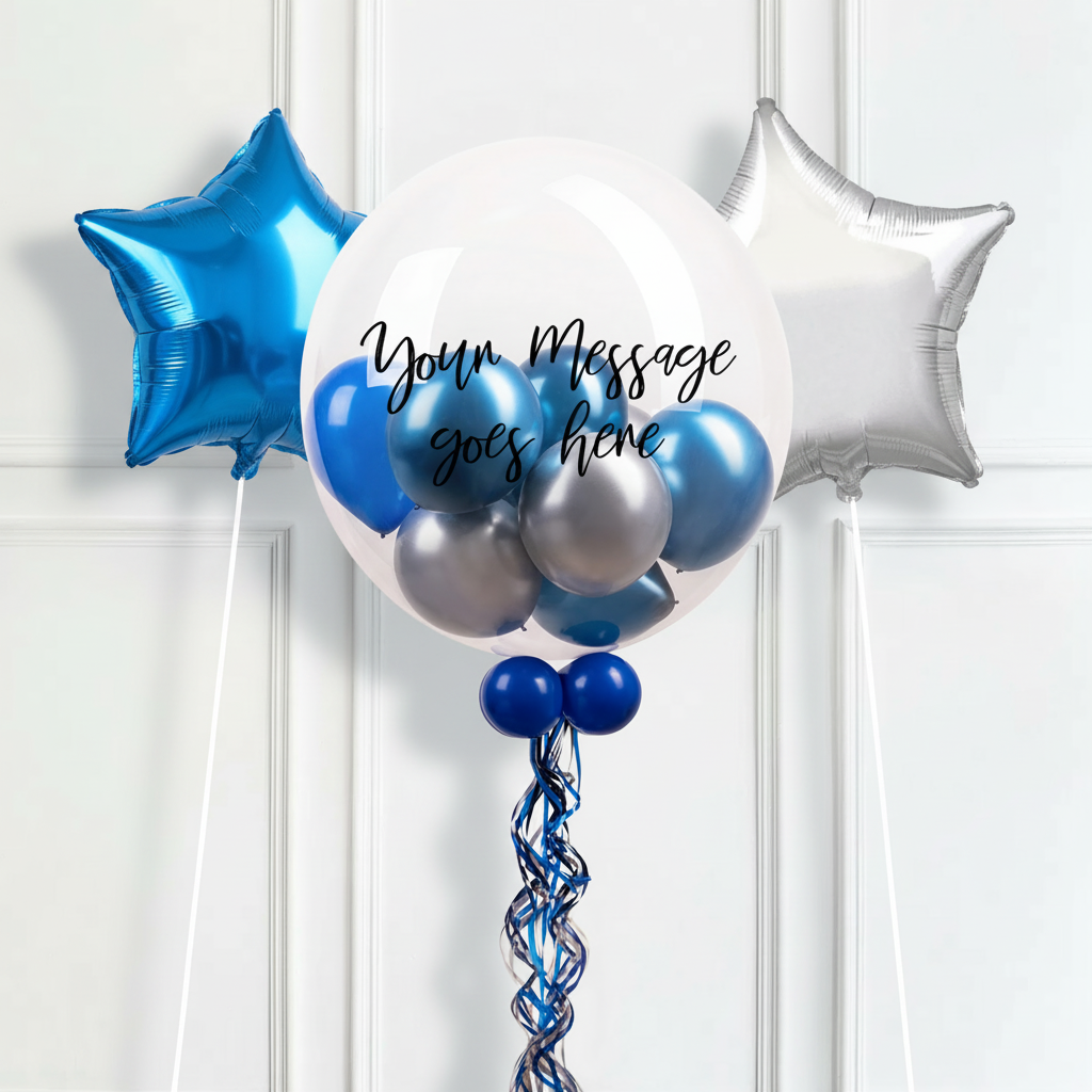 Personalised Bubble Balloon in a Box – Midnight Blue 2 Extra Balloons Personalised Balloons