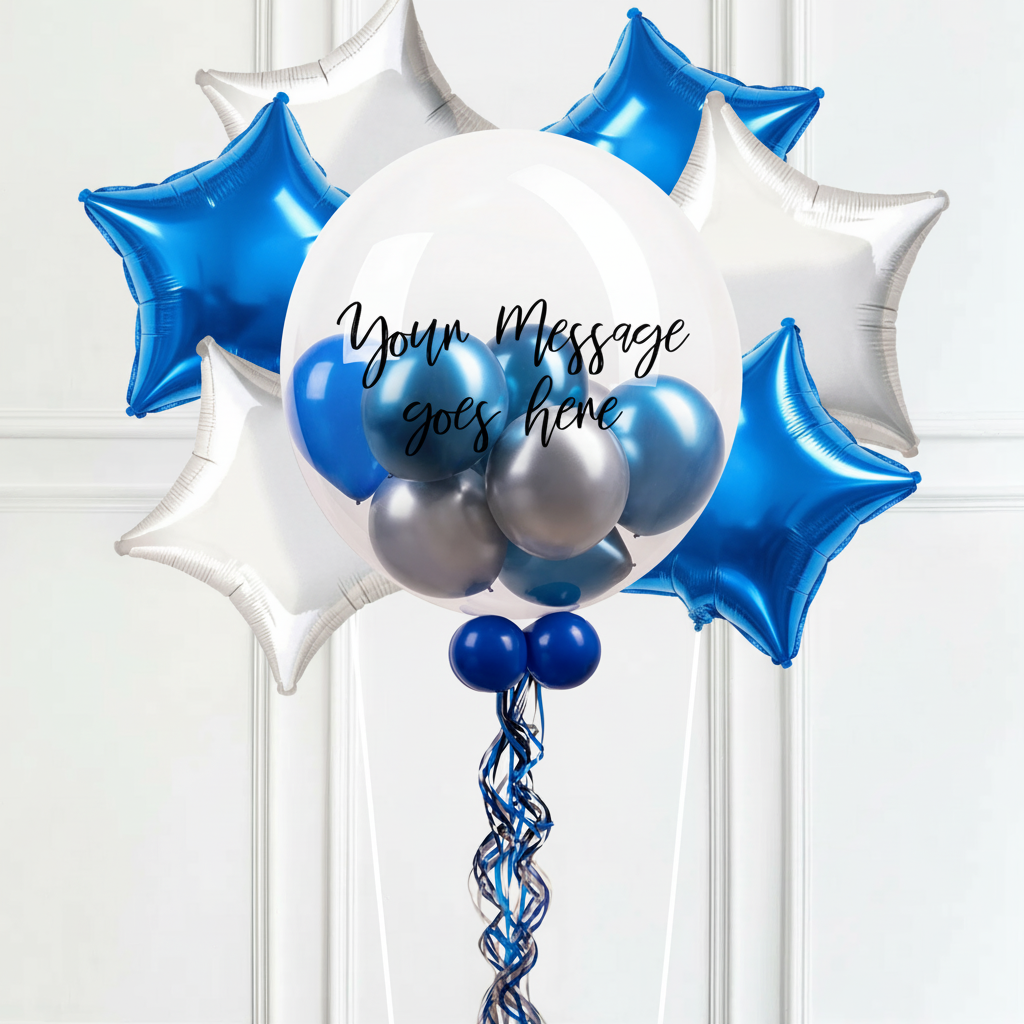Personalised Bubble Balloon in a Box – Midnight Blue 6 Extra Balloons Personalised Balloons